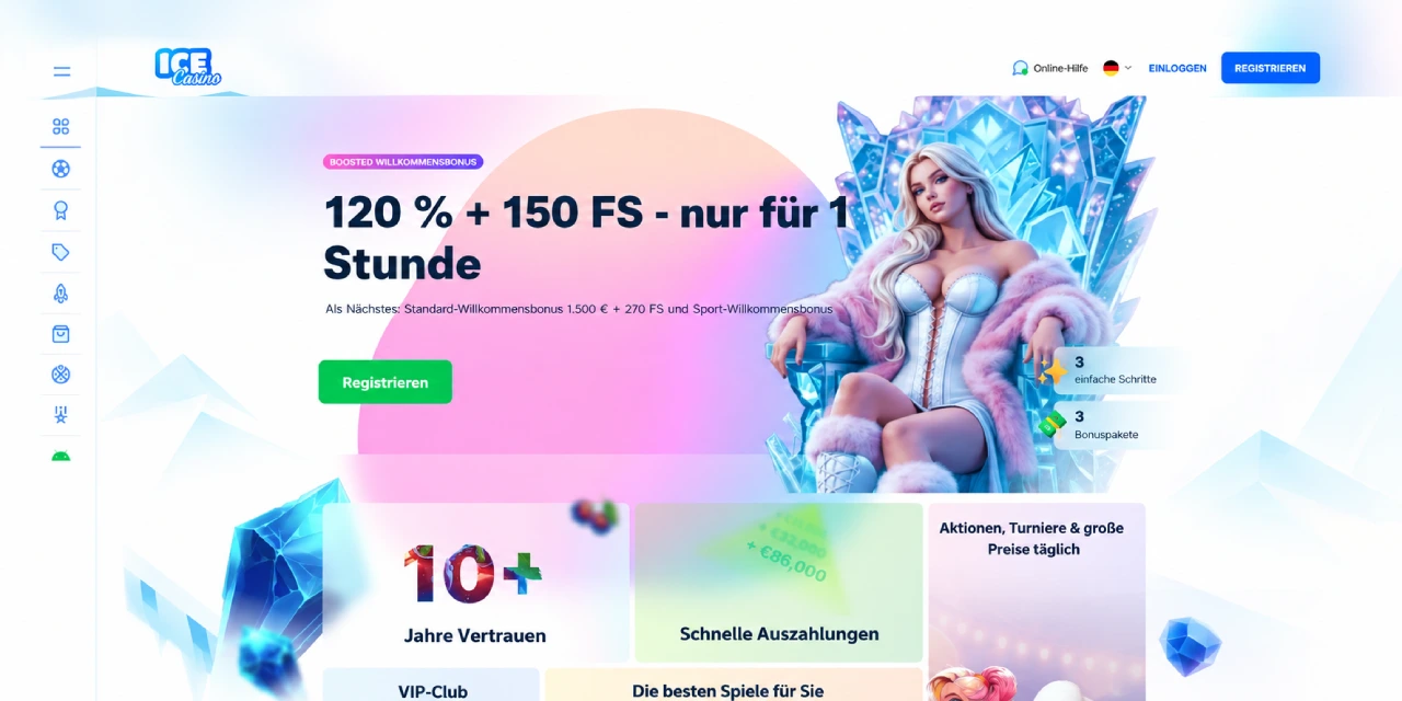 Ice Casino Willkommensbonus 120 Prozent Freispiele und Online Slots Deutschland